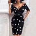 Jocestyle Dots Printed Women Lady Bodycon Short Sleeve V Neck Pencil Dress (M)