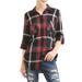 Juniors' Flannel Plaid Roll Tab Sleeve Button Front Blouse