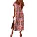 UKAP Women Beach Print Maxi Dress Summer Casual Short Sleeve Long Dress Split Lounge Wear Sundress Holiday Party Long Shirt Dress