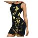 Lyinloo Women's Tank Dress Butterfly Print O-collar Casual Slim Fit Sleeveless Dress Yellow XXL