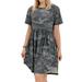 HUBERY Women Camouflage Printed Pleated Scoop Hem Crew Neck Short Sleeves Midi Dress