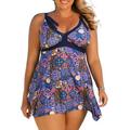 Two Piece Women Purple Floral Halter Swimsuit Swimdress+Swim Briefs Bottoms V Neck Swimwear Swimming Costumes Tummy Control Beachwear Tankini Set Push-up Bra Bathing Suit XXXL-L Sexy Ladies