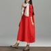 Ethnic Women Dress Solid Cotton Pocket Round Neck 3/4 Sleeve Loose Baggy Vintage Maxi Gown Robe One-Piece