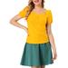 Allegra K Junior's Retro Sweetheart Front Button Decor Short Sleeve Blouse Top Yellow L