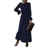 Sexy Dance Long Sleeve Pleated Empire Waist Dress Polka Dot Maxi Dress For Women Summer Boho Vintage Swing Dress Ruffle Hem Tunic Dress