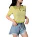 Ardorlove Woman Retro Style Color Polo Collar Print Sweater Slim Short T-shirt Tops