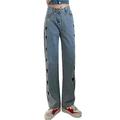 Women High Waist Heart Print Denim Pants Jeans Straight Leg Casual Loose Trousers