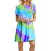 Sexy Dance Women Short Sleeve Mini Dress Long T-Shirt Dress Ladies Summer Casual Dress Top Dress Ladies Casual Round Neck Rainbow Short Mini Dress