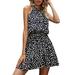 DYMADE Women's Cold Shoulder Sleeveless Spot Print Elastic Waist Halter Mini Dress