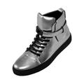 Sio Mens High Top Designer Lace-Up Sneaker, Metallic Pebble Grain Upper with Black Slide Buckle and Strap