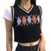 Multitrust Women V Neck Sleeveless Argyle Sweater Knit Vest Slim Fit Ribbed Tank Crop Top