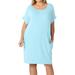 Women & Plus Round Neck Rolled Sleeve Knee Length Tunic Shirt Dress with Pockets (Baby Blue, 1X)