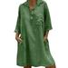 Women Cotton Linen Long Sleeve Ladies Pocket Midi Shirt Dress Autumn New 4/3 Sleeve Linen Casual Loose Midi Dress For Ladies Juniors Tunic Kaftan Long T-Shirt Tops