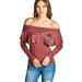 Fashion Secrets Women`s Off The Shoulder Ruffle Embroidered Rayon Jersey Embroidered (Dark Mauve, M)