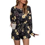 Womens Floral Tie Dye Long Sleeve Pajamas Shorts Lounge Wear Sleepwear Casual Loose Jumpsuits Rompers Elastic Waisted Sleepwear Drawstring Loungewear