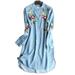 Jocestyle Denim Floral Embroidery Long Sleeve Female Button Dresses (Light Blue 3XL)