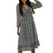 Puloru Women Fashion V-neck Print Dress Stylish Three Quarter Sleeve Dress