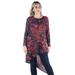 24seven Comfort Apparel Red Print Long Sleeve Asymmetric Knee Length Plus Size Top