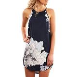 New Women's Hanging Neck Type Dress Sexy Floral Print Short Dress Geometric Color Block Print Boho Mini Dress Casual Straight Dress