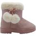 bebe Girlsâ€™ Big Kid Slip On Mid Calf Warm Microsuede Winter Boots with Printed Shaft, Faux Fur Cuff and Pom Poms Blush Size 13