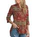 Women's Plus Size 3/4 Roll Sleeves Tunic Tops Paisley Floral Print V Neck Henley Shirts Casual Blouse Shirts for Women