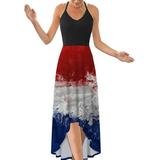 UKAP Women Summer Dress Casual Splicing V-neck Dress Ladies USA Flag Print Swing Dress Sleeveless Color Block Maxi Dress