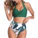 Wuyemeili Women's Vintage Swimsuit Two Piece Retro Halter Neck Ruched High Waist Bikini Set