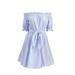 Women Summer Off Shoulder Half Sleeve Long Dress Blue Striped Beach Dress with Belt