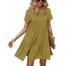 Avamo Women Solid Button Dress Short Sleeve U Neck Frill Midi Dress Ladies Summer Tiered Dress S-XL Yellow M(US 8-10)