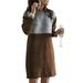 Women's Winter Patchwork Long Sleeve Woolen Jumper Dress Casual Mini Shift Dress