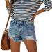 Women Fashion Casual Summer Denim Mid Rise Frayed Shorts High Waist Distressed Raw Hem Denim Shorts Solid Color Jeans Shorts