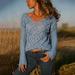 Tomshoo Fashion Women Knitted Sweater Hollow Out V Neck Long Sleeve Thin Solid Loose Jumper Pullover Knitwear Blue