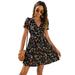 STYLEWORD Women's High Waist Button Puff Sleeve V-Neck Floral Dress Flowy Mini Beach Dress