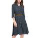 Unique Bargains Women's Polka Dots Pattern 3/4 Sleeves Belted A Line Midi Shirt Dress