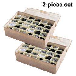 2pcs Underwear Socks Storage Organizer with Lids Foldable Closet Drawer Divider 30 Cells, Linen Cotton Storage Box Bin for Socks Underwear Ties Scarves and Lingerie in Wardrobe