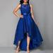 New Women Lace Maxi Dress Sleeveless High Low Belted Irregular Swing Long Dress Burgundy/Dark Blue/Black