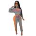 Women 2 Pcs Tracksuit Sets Casual Wear Color Block High Neck Long Sleeve Crop Top + Elastic Waist Pant Fitness Clothes