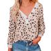 Women's V-neck Buttons Decoration Spotted Leopard Print Sweatshirt Tops