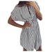 Toyfunny Fashion Womens Drawstring Bandage Short Sleeve Stripe Print Lapel Shirt Dress