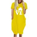 Women Summer Short Sleeve Crew Neck Dress Pockets Four Leaf Clover Print Sundress
