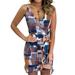 Mojoyce Mosaic Print Women Sling Bodycon Ruffle V Neck Short Dress (Khaki Yellow L)