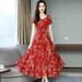 FANTADOOL Summer New O-neck Short Show Floral Print A Line Skirt Sweet Bohemian Dress Woman Red XXL