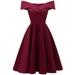 Tomshoo Elegant Women Off Shoulder Dress V Neck Short Sleeve Solid Pleated Cocktail Party A-line Swing Dress Burgundy/Dark Blue