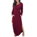 NHT&WT Split Maxi Dress For Women Long Sleeves O Neck Maxi Dress with Pocket