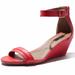 DailyShoes Wedge Heeled for Women Mid Wedges Sandal Ankle Strap Open Toe Sandals Summer Beach Comfort Shoes Straps Buckle Toed Strappy Wendy-18 Red Pu