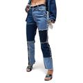 Women High Waist Jeans Denim Ripped Trousers Color Block Patchwork Capris Pants with Pockets