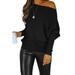 Women Black Off Shoulder Ribbed Texture Raglan Long Sleeve Top