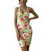 Women Halter Bodycon Y2k Sleeveless V Neck Back Tie Floral Print Short Dress