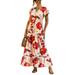UKAP Women Short Sleeve Casual Dress Elastic Waist Boho Button Tiered Maxi Dresses Floral Printed with Belt Red (Flower) M(US 6-8)