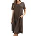 Womens & Plus Round Neck Short Sleeve Knee Length A-Line Swing Trapeze Dress (Brown, M)